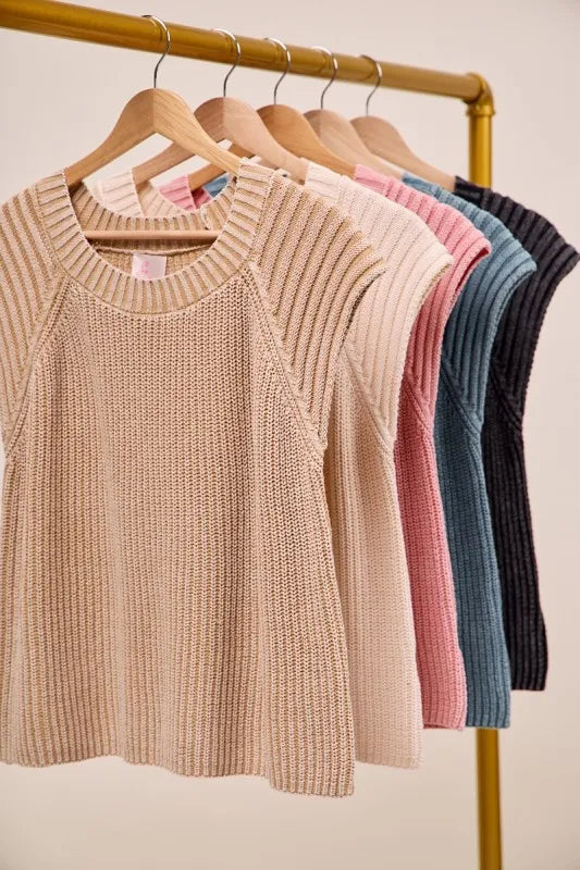 Vintage Taupe So Me Mineral Washed Raglan Sleeveless Sweater Top