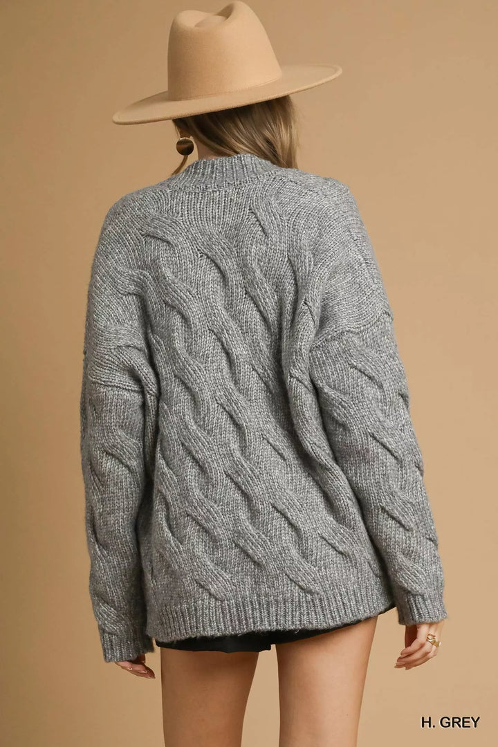 H. Grey Umgee Chunky Cable Knit Open Front Cardigan 1