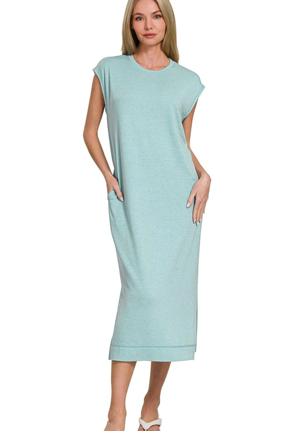 Dusty Teal Zenana French Terry Sleeveless Round Neck Midi Dress