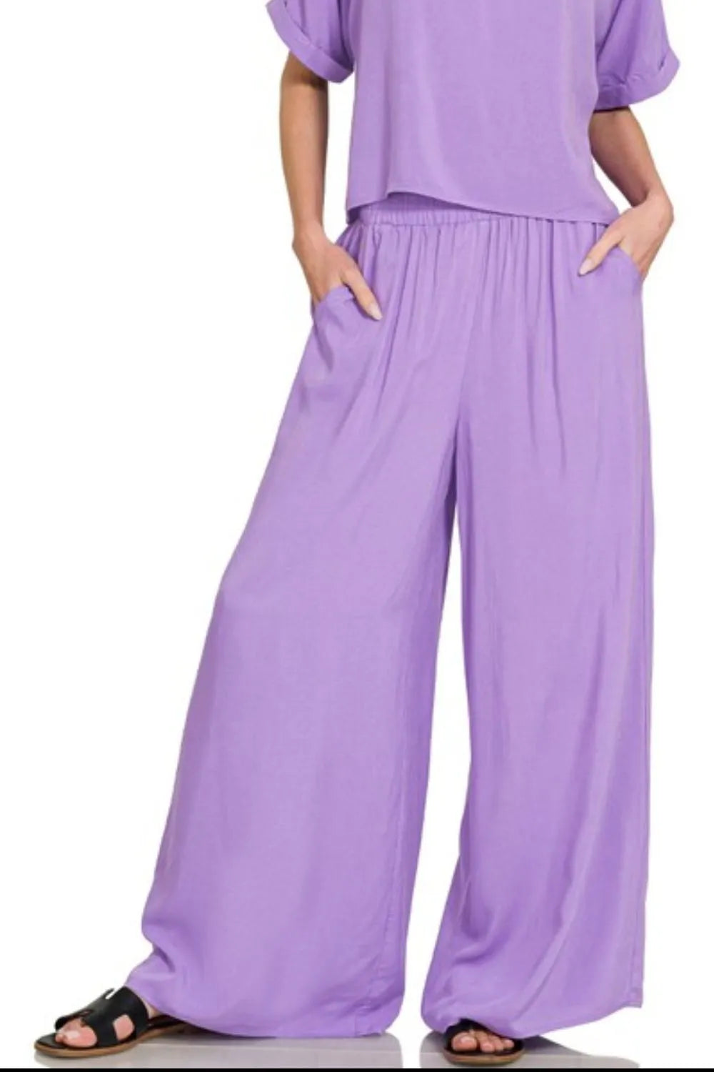 Lavender Zenana Round Neck T Shirt And Wide Leg Pants Set