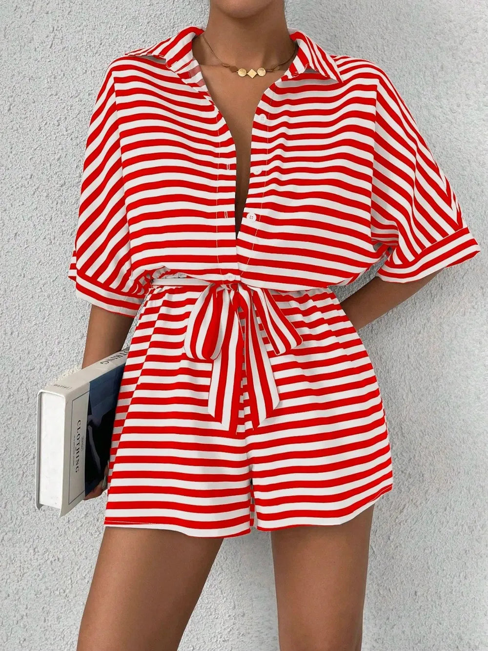 Red Tie Waist Half Button Striped Romper