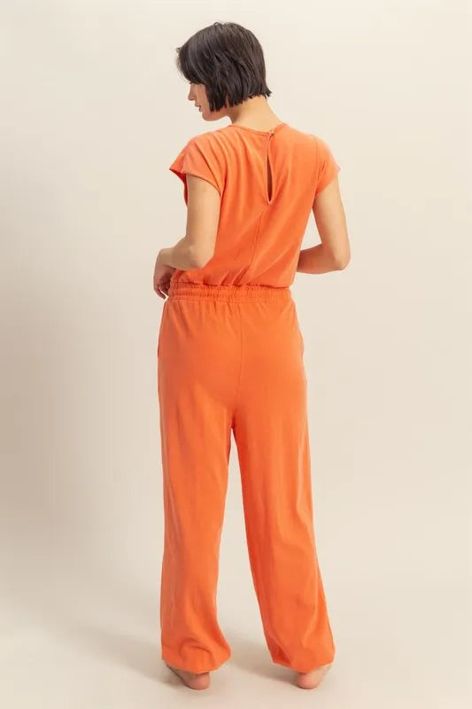 Orange Hyfve Back Keyhole Round Neck Cap Sleeve Drawstring Jumpsuit 1