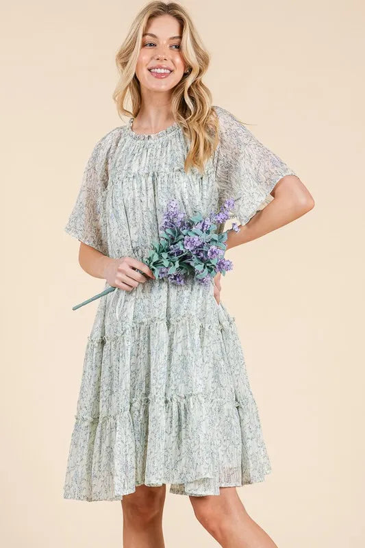 Ivory Combo Lime N Chili Ditsy Floral Print Sheer Ruffle Detail Mini Dress 1