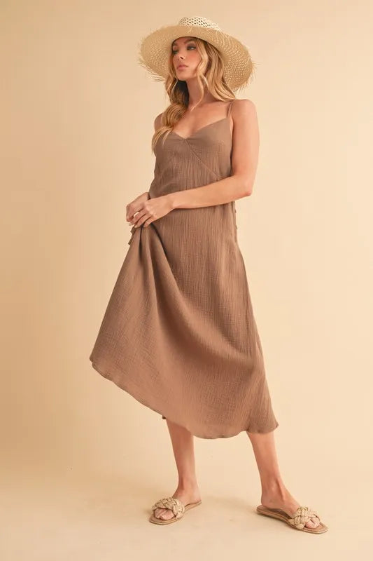 Mocha Aemi Co Side Button Midi Cami Dress
