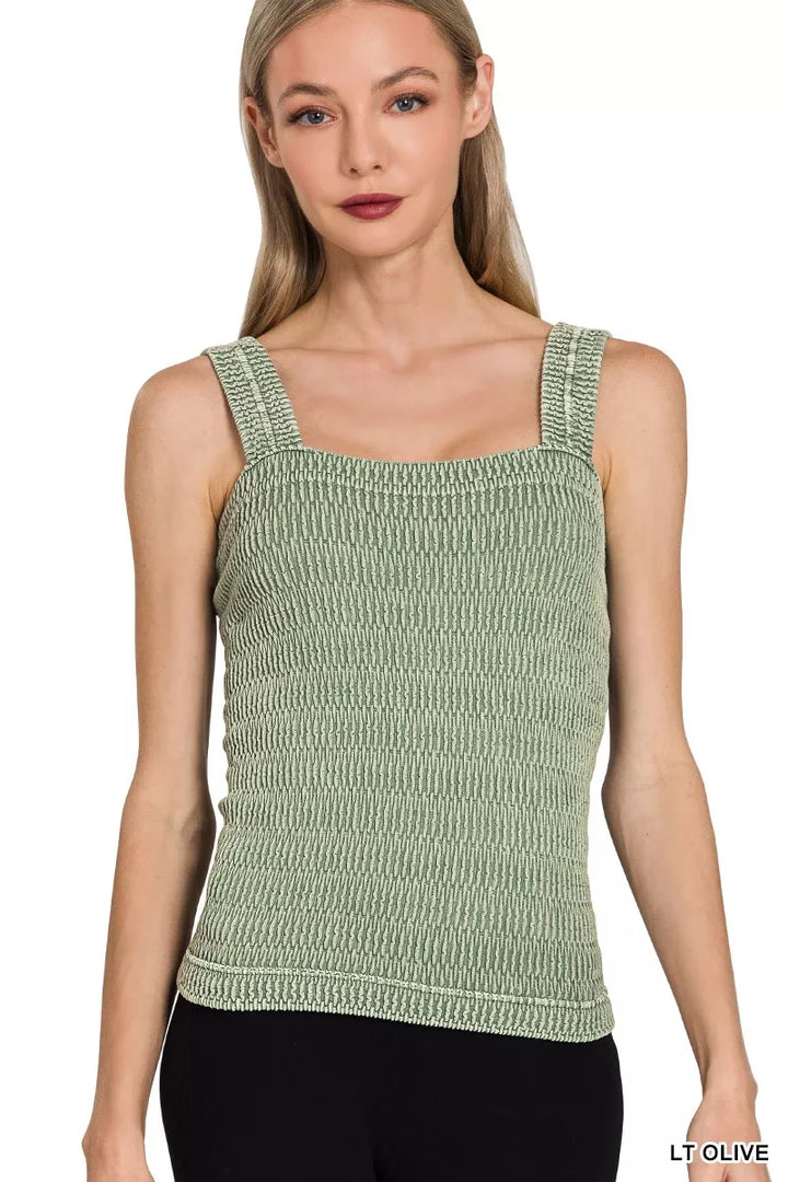 Lt Olive Zenana Seamless Winkle Stone Washed Tank Top 1