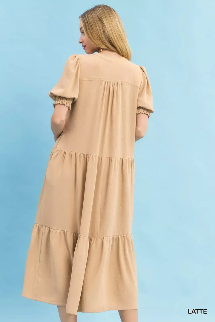 Umgee V Neck Puff Sleeve Tiered Midi Dress
