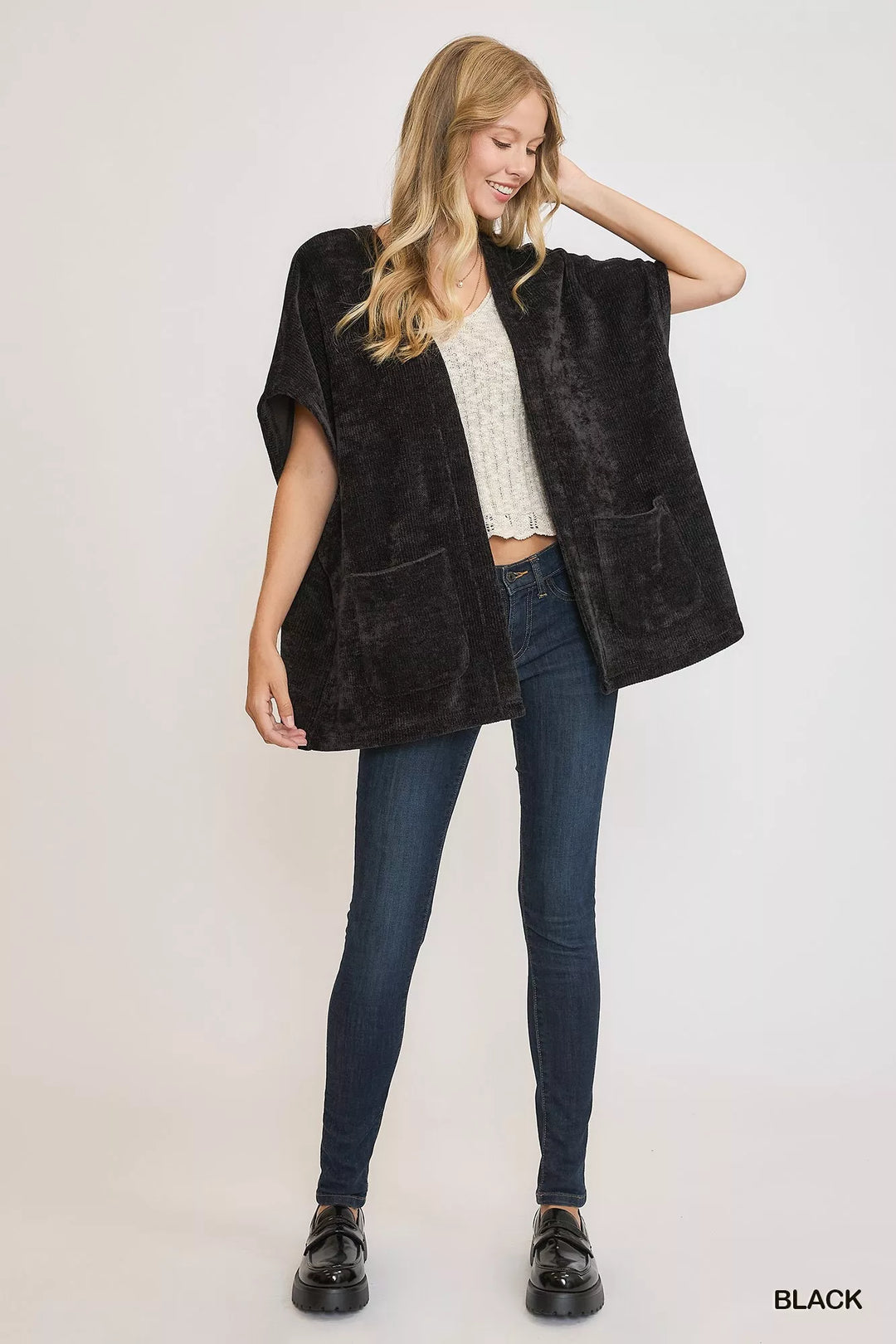 Black Umgee Open Front Knit Cardigan With Front Pockets