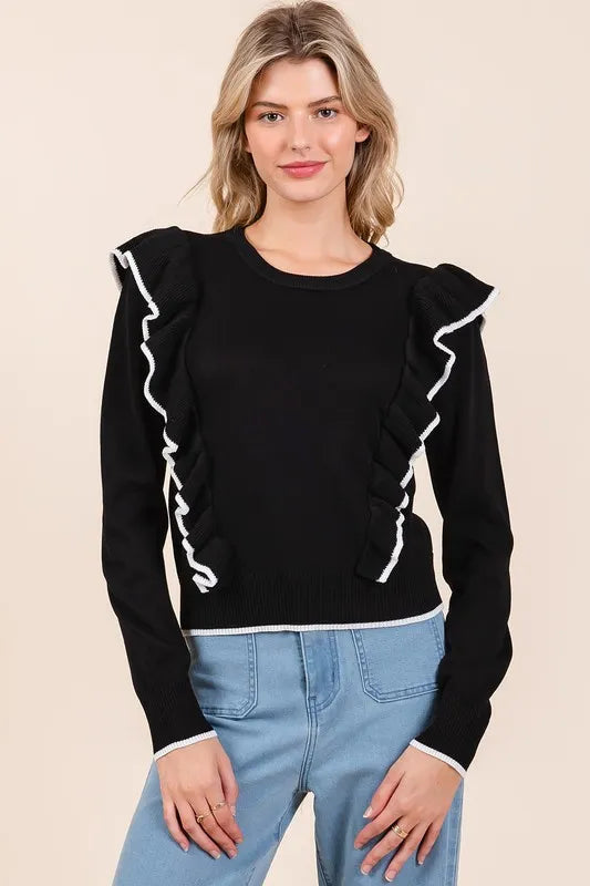 Black Mittoshop Contrast Trim Ruffled Round Neck Knit Top 1