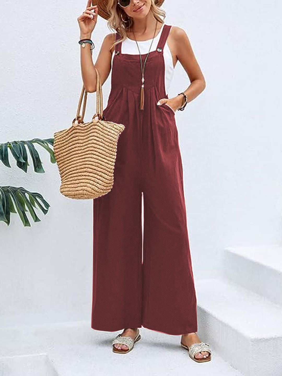 Wine Full Size Wide Leg Overalls With Pockets