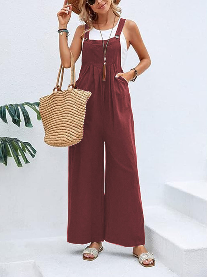 Wine Full Size Wide Leg Overalls With Pockets