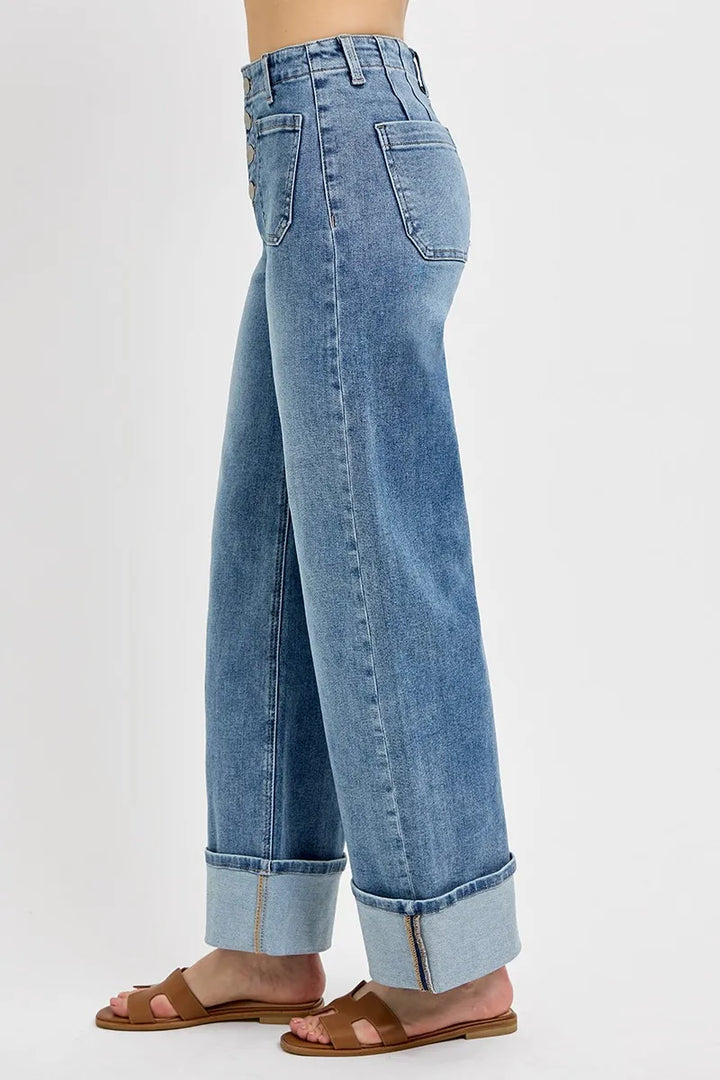 Medium Risen High Rise Ankle Wide Button Patch Pocket Cuffed Jeans