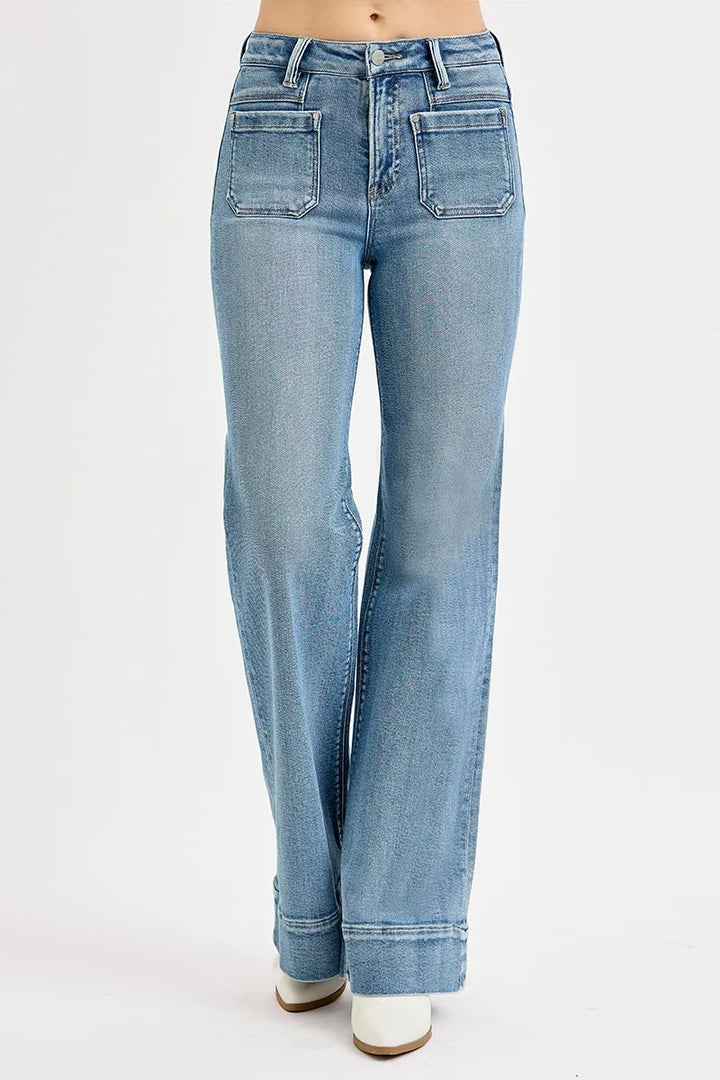 Medium Risen Full Size High Rise Wide Flare Patch Pocket Jeans Plus Size