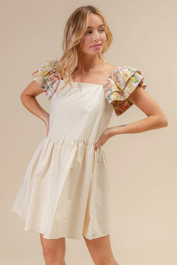 Bibi Flower Embroidered Floral Print Sleeve Dress