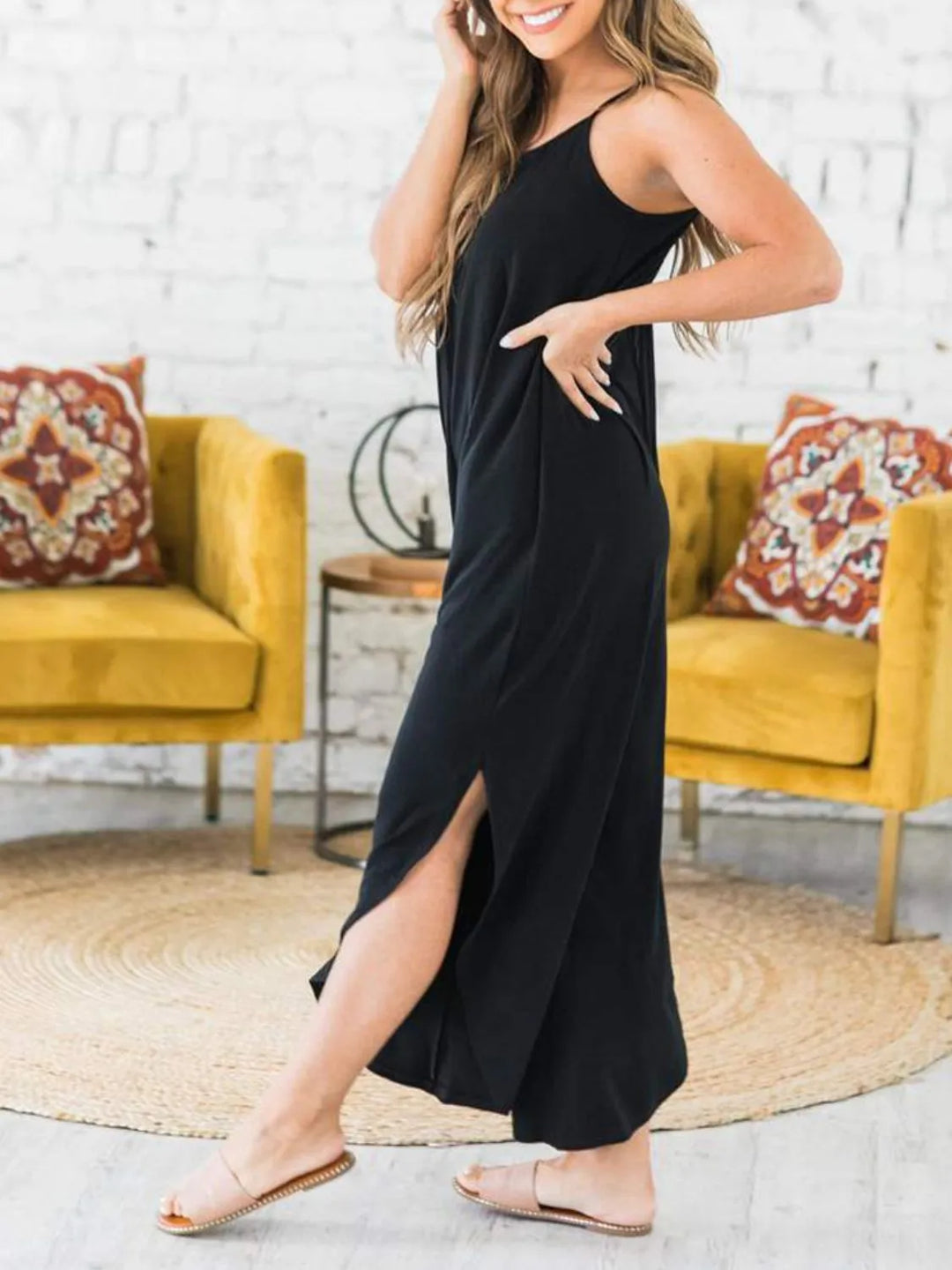 Black Slit Spaghetti Strap Jumpsuit With Pockets