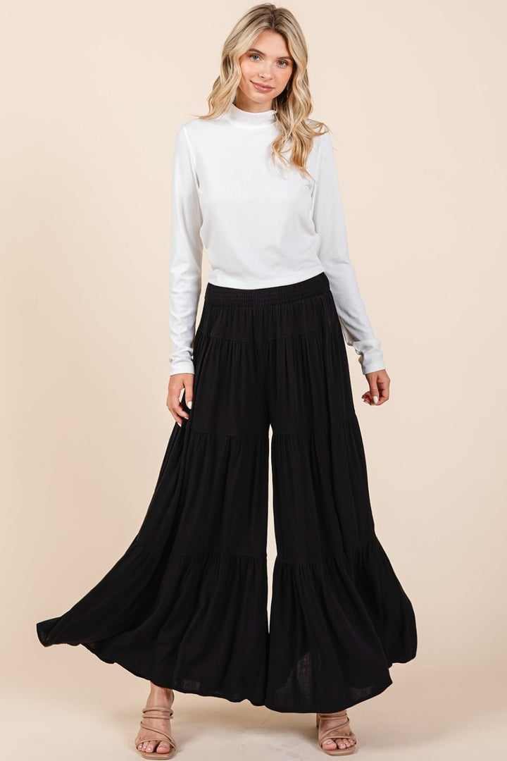 Black Mittoshop Tier Detail Smocked Elastic Waist Wide Leg Pants