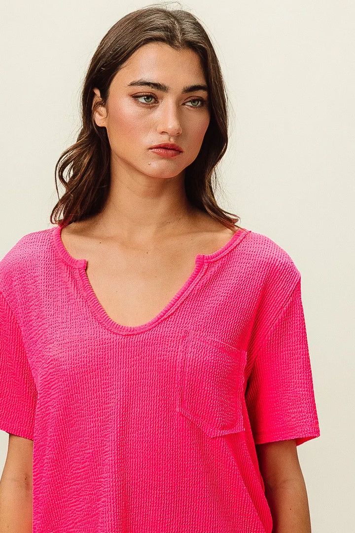 Fuchsia Bibi Waved Rib U Neck Top With Front Pocket