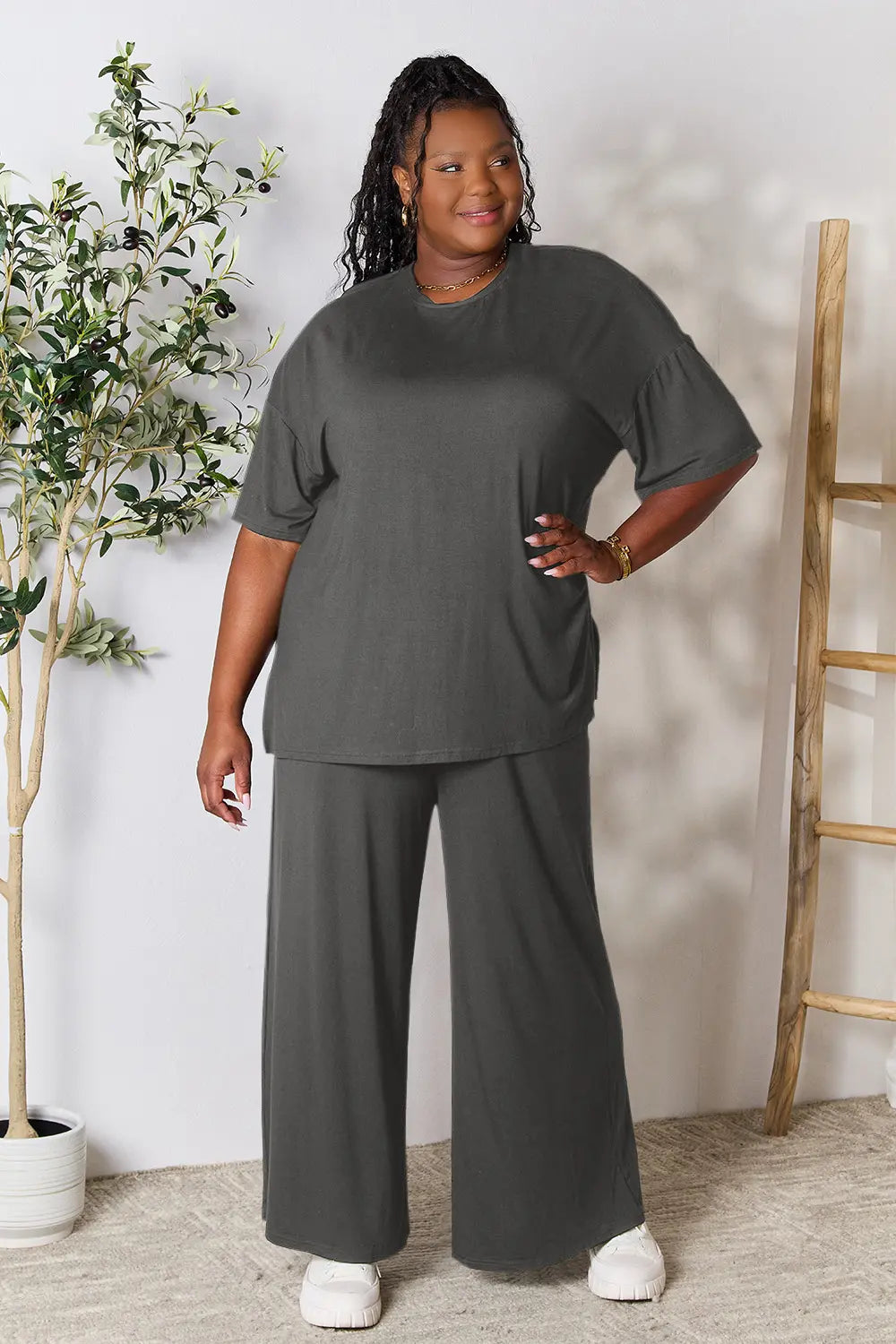 Dark Gray Double Take Full Size Round Neck Slit Top And Pants Set