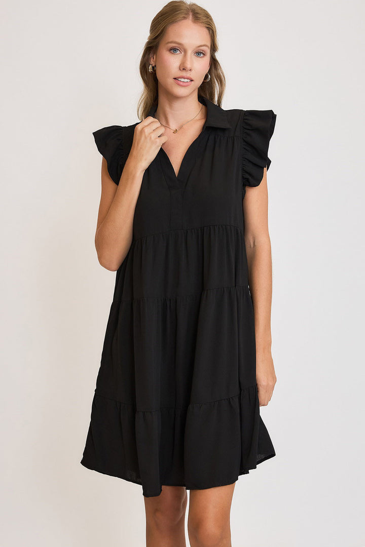 Black Umgee Full Size Johnny Collar Ruffle Cap Sleeve Tiered Dress Plus Size 1