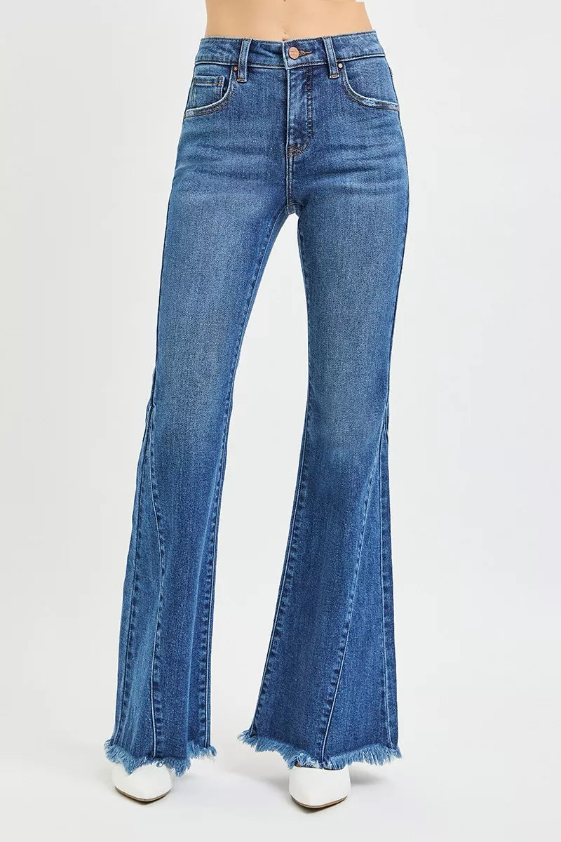 Dark Risen Mid Rise Flare Side Seam Detailing Jeans