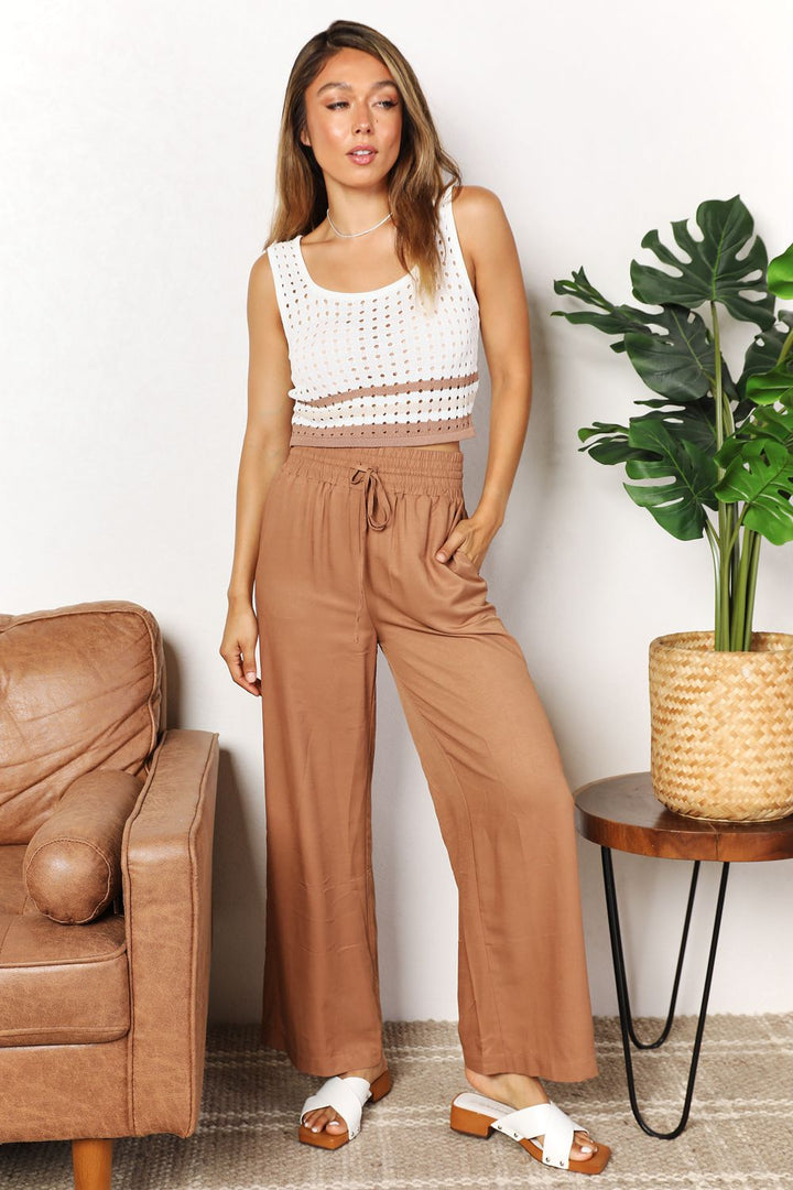 Camel Double Take Drawstring Smocked Waist Wide Leg Pants