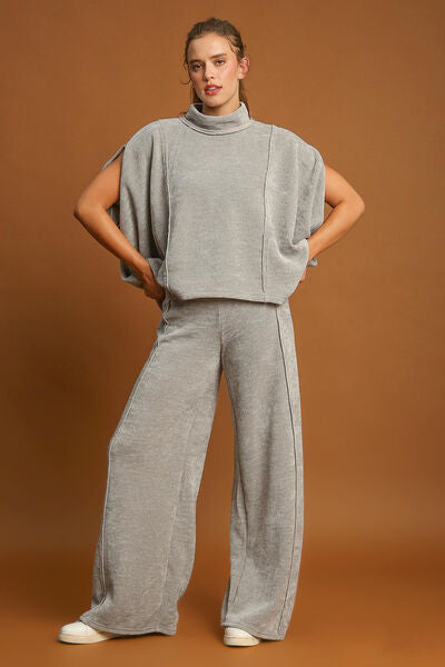 Light Gray Umgee Elastic Waist Wide Leg Pants 1