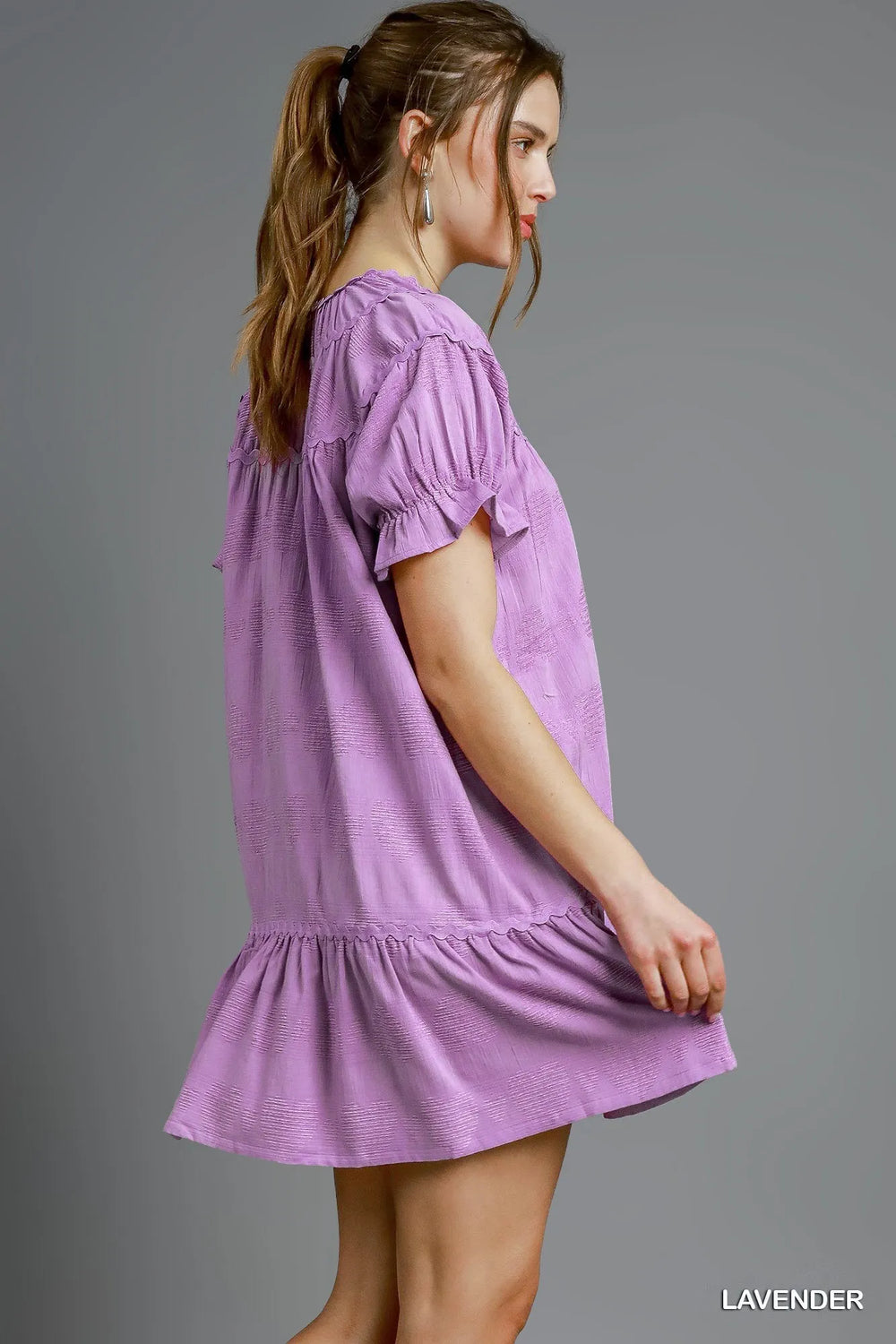 Lavender Umgee Heart Pattern Short Sleeve Ruffle Babydoll Dress