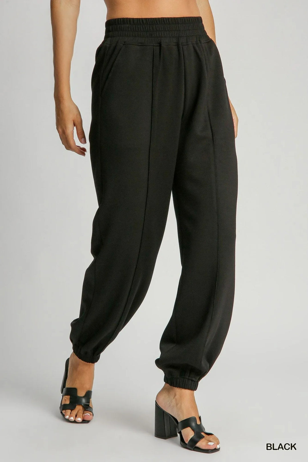 Black Umgee Drawstring Jogger Pants With Front Seam Detail 1