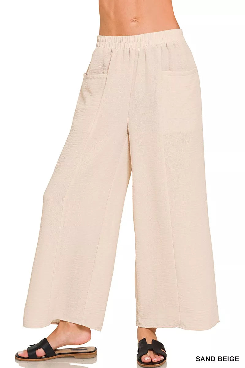 Sand Beige Zenana Woven Airflow Elastic Waistband Pants 6