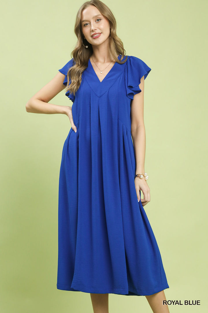 Royal Blue Umgee Ruffle Sleeve V Neck Midi Dress