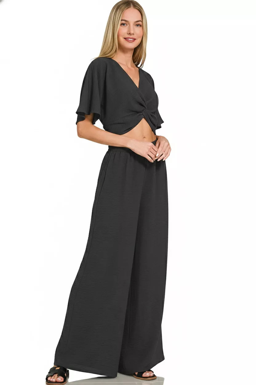 Black Zenana Woven Airflow Twisted Top Wide Leg Pants Set 4