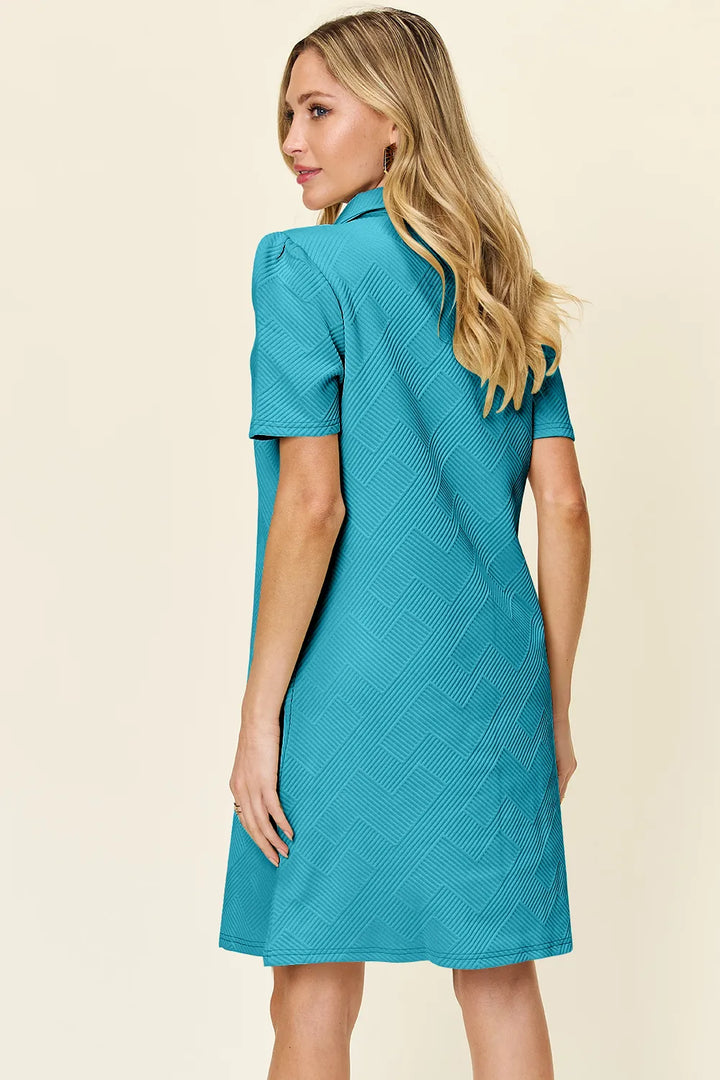 Sky Blue Double Take Full Size Texture Collared Neck Short Sleeve Dress 1