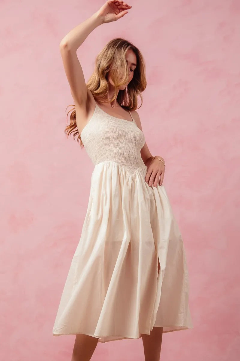 Cream So Me Smocked Sleeveless Casual Everyday Dress With Slit 1