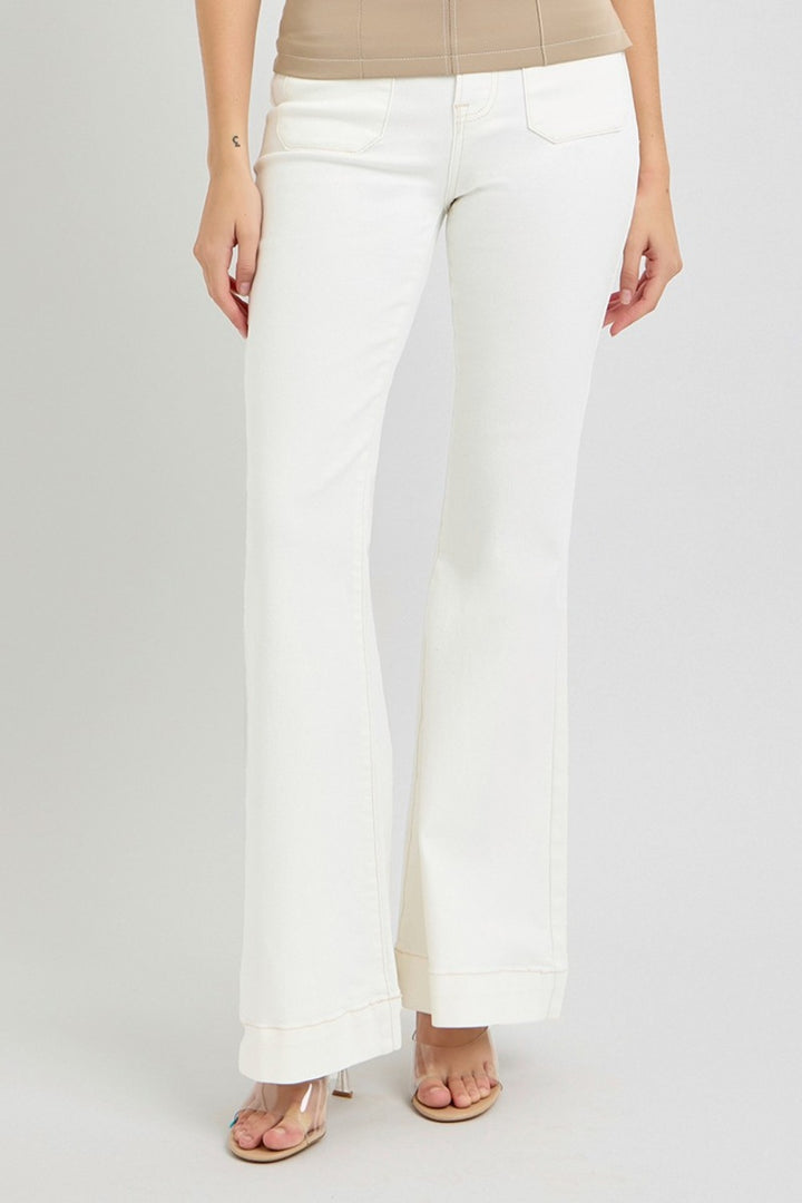 Cream Risen Full Size High Rise Front Patch Pocket Flare Jeans