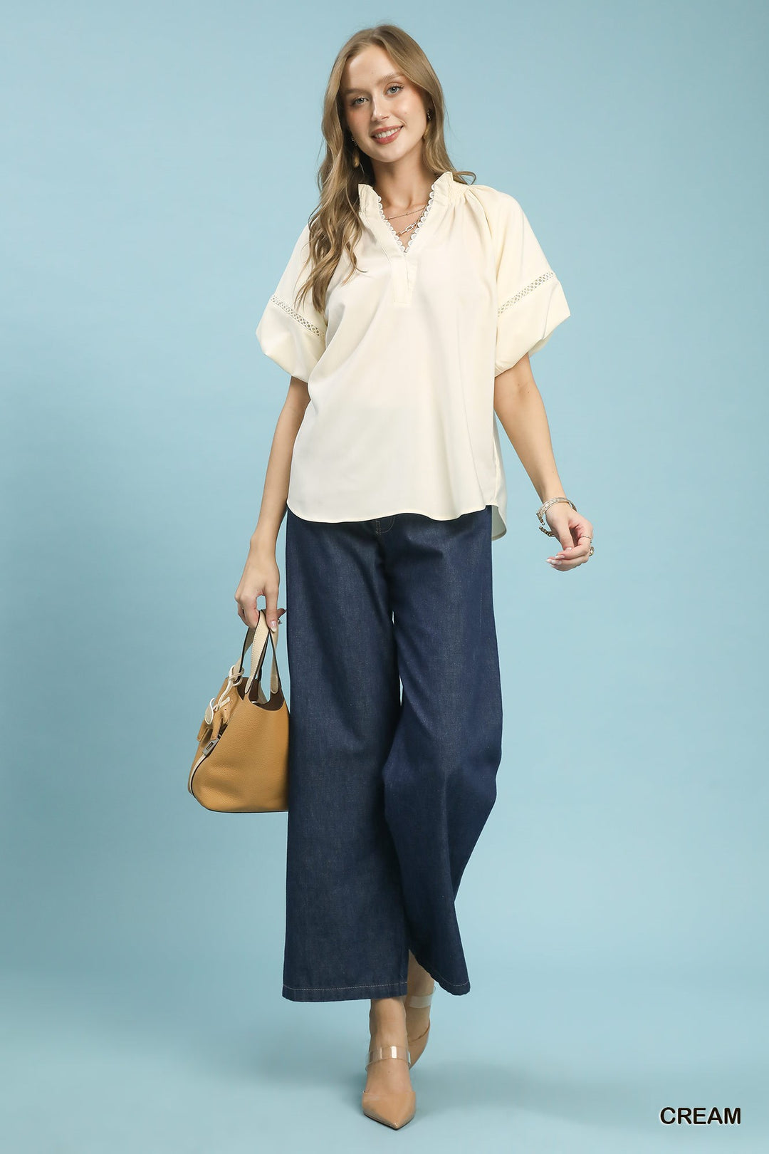 Cream Umgee Lace Trim Peasant Top 1