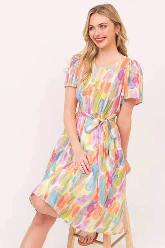Lime N Chili Watercolor Print Tie Front Midi Dress