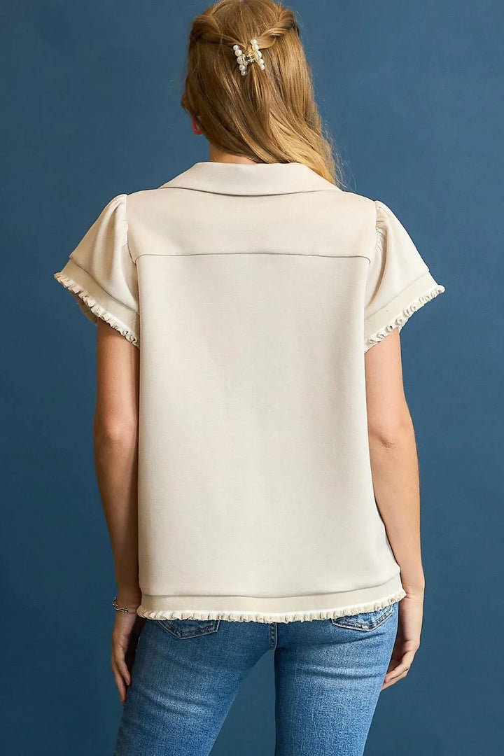 Cream Umgee Frill Hem Half Zip Collared Blouse