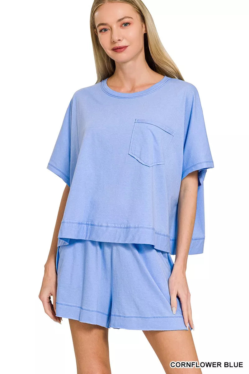 Cornflower Blue Zenana Exposed Seam Boxy Top Shorts Set 3