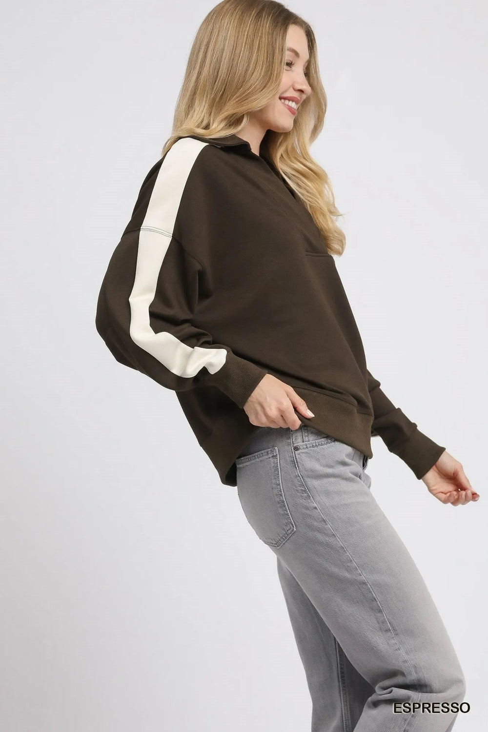 Espresso Umgee Color Block Polo Sweatshirt