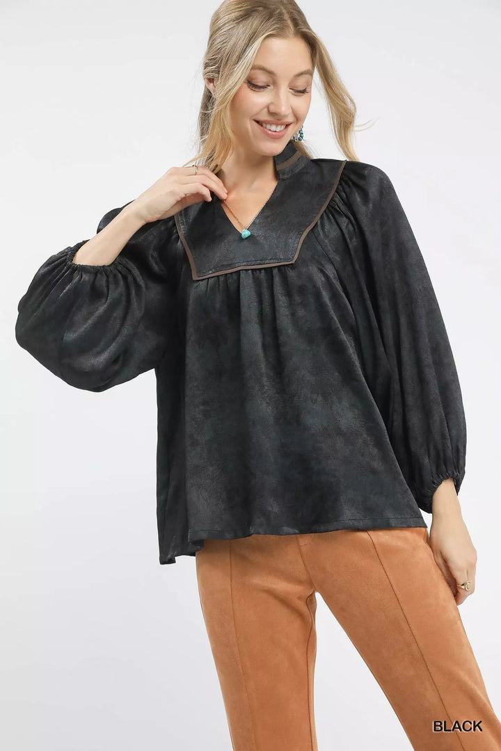Black Umgee Crinkle Brocade Long Sleeve Blouse