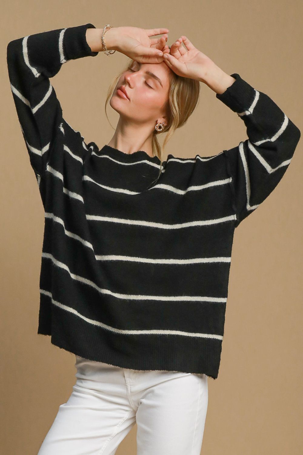 Black Umgee Wool Blend Striped Round Neck Sweater