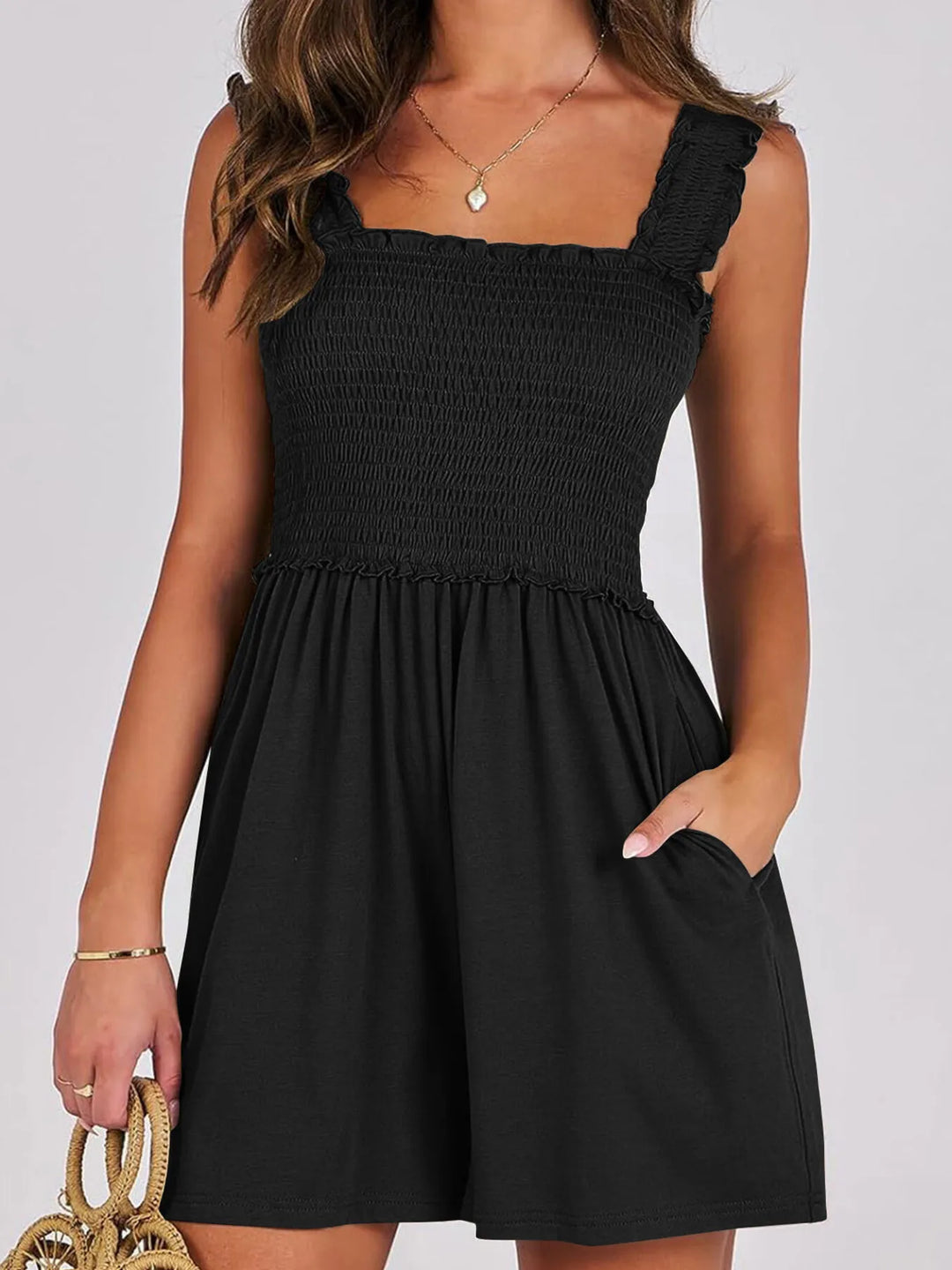 Black Smocked Square Neck Summer Romper