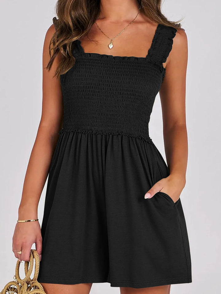 Black Smocked Square Neck Summer Romper