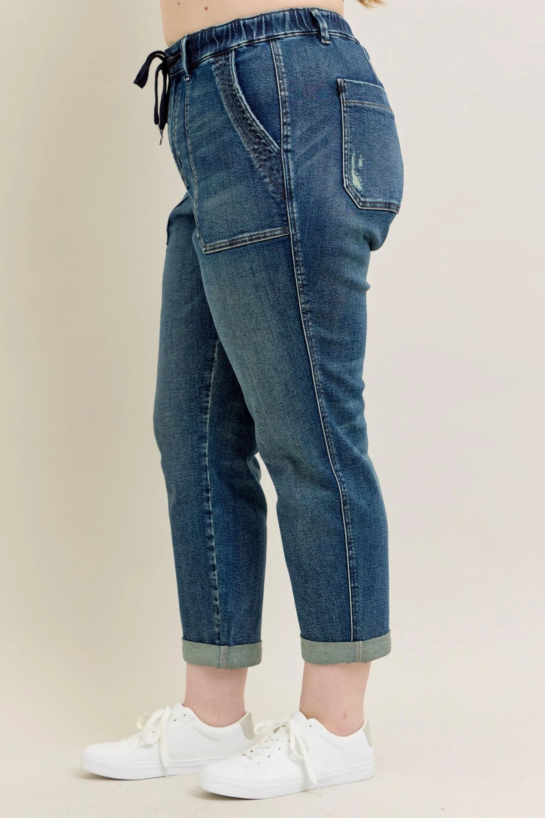 Dark Judy Blue Full Size Hw Vintage Wash Jeans W Drawstring Plus Size