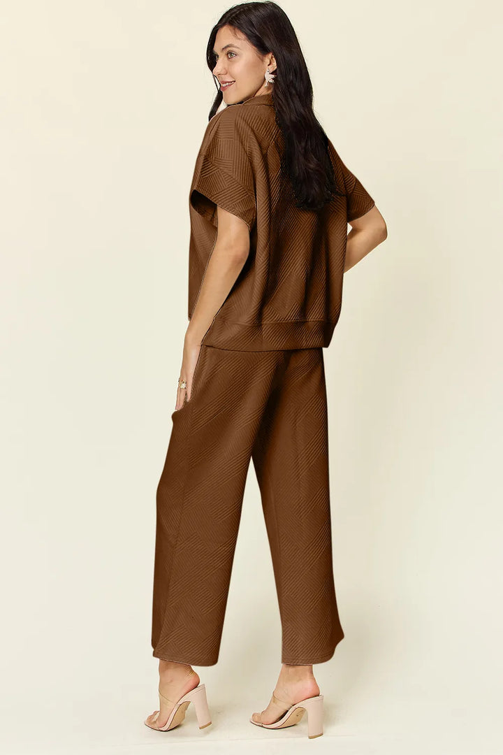 Tangerine Double Take Full Size Texture Half Zip Short Sleeve Top And Pants Set 1