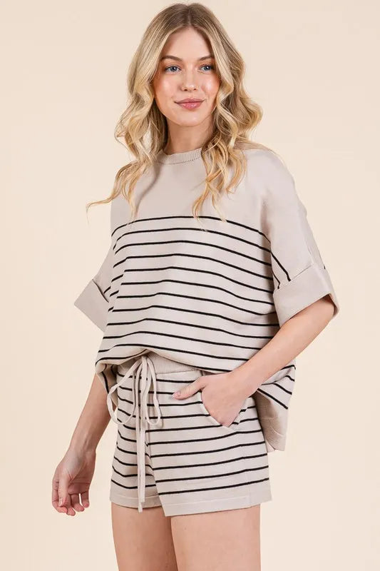 Lime N Chili Striped Folded Half Sleeve Top And Shorts Set