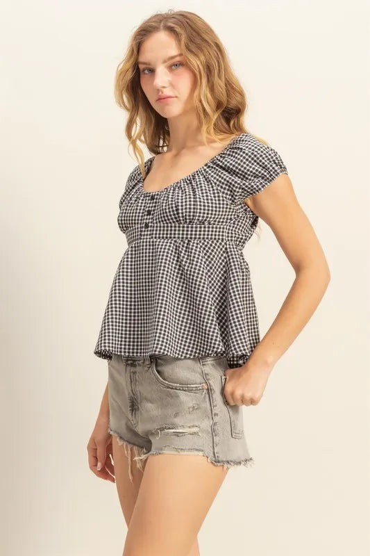 Black Hyfve Gingham Scoop Neck Cap Sleeve Blouse 2