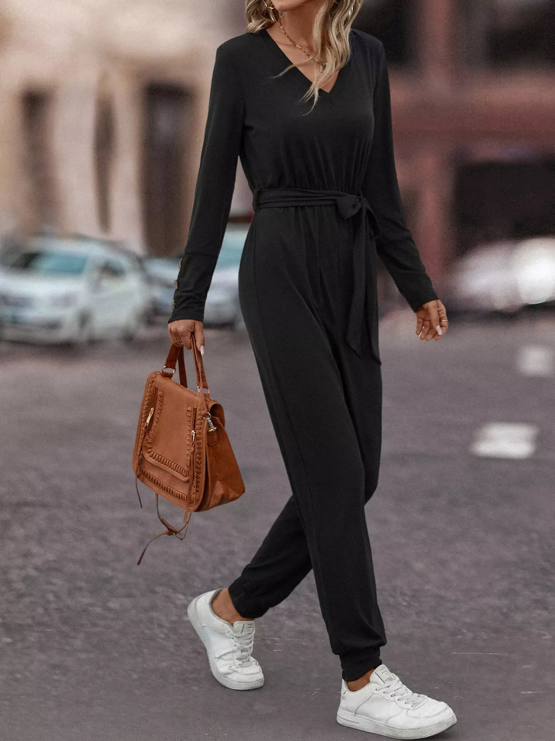 Black V Neck Long Sleeve Tie Waist Jumpsuit