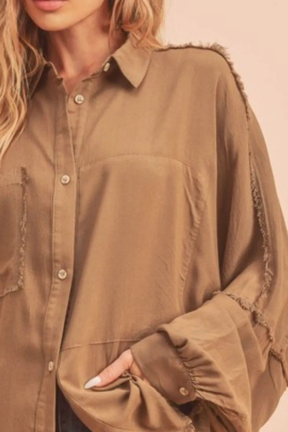 Camel Aemi Co Raw Edge Exposed Seam Collared Neck Long Sleeve Shirt