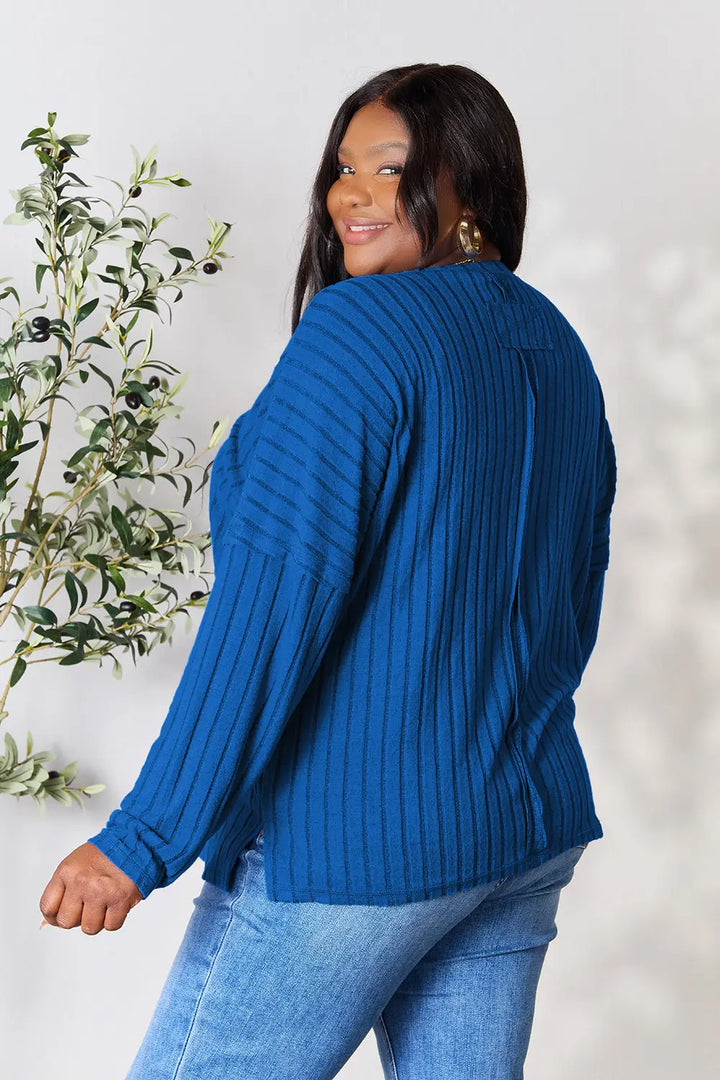 Blue Basic Bae Full Size Ribbed Round Neck Slit Knit Top