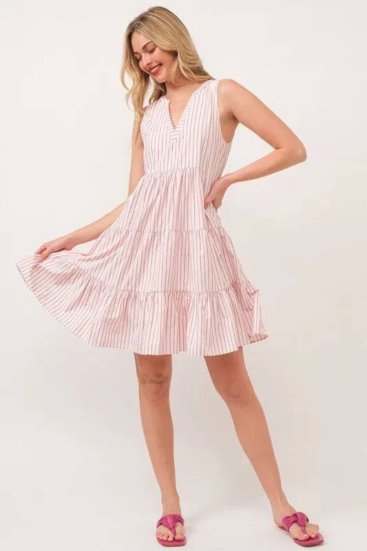 Pink Lime N Chili Striped Sleeveless V Neck Tiered Dress 1